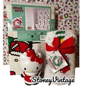 Hello kitty Christmas Shower Curtain, dispenser and hand towel set